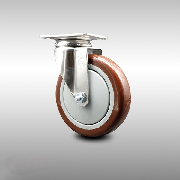 5 Inch 316SS Maroon Polyurethane Wheel Swivel Top Plate Caster